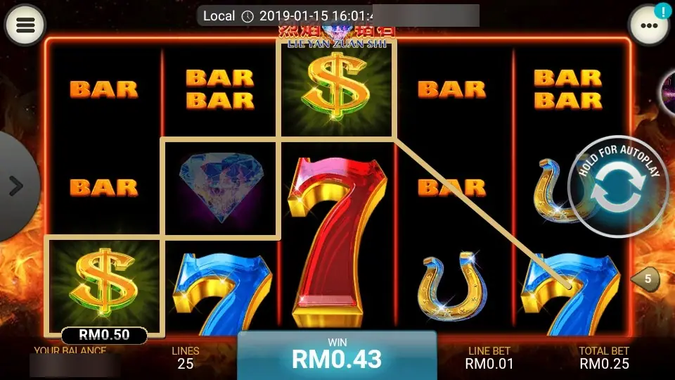 Lie Yan Zuan Shi on LPE88: bars, a diamond, horseshoes and tall sevens, with a winning line starting on a dollar sign