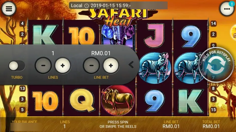 Safari Heat on LPE88 with the bet tray open: Turbo, Lines at 1 and Line Bet at RM0.01