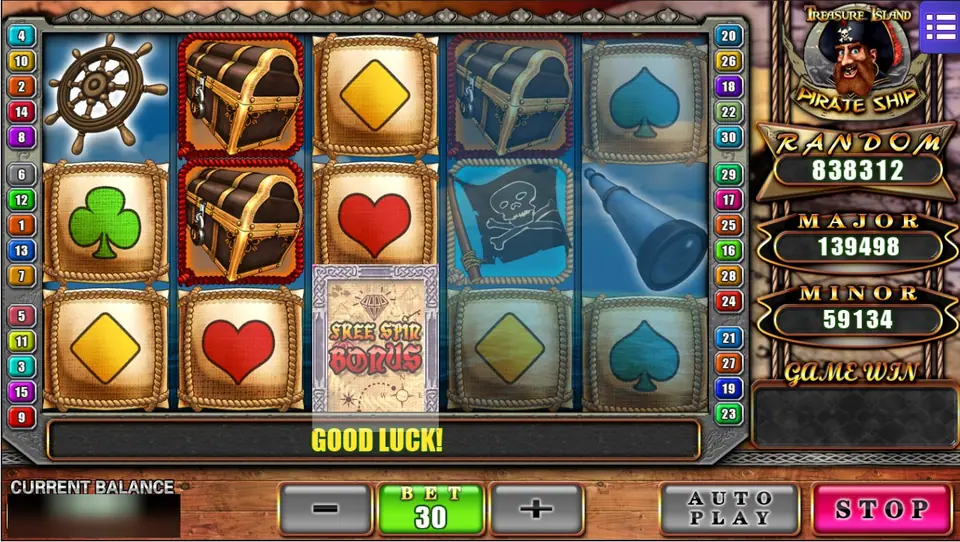 Pirate Ship on Mega888 with ship's wheels, treasure chests, card suits and a Free Spin Bonus tile on reel 3, bet 30