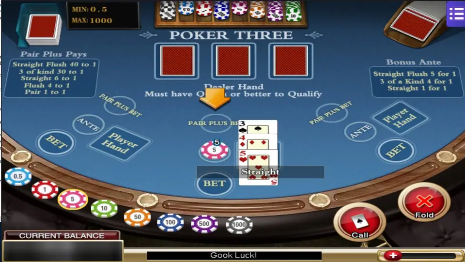 Poker Three on Mega888: a 5 chip on the ante, a 3, 4 and 5 dealt and labelled Straight, with Call and Fold buttons