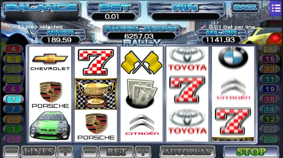 Rally on Mega888 with a gold Millionaire trophy on a chequered tile, a green rally car, Porsche badges and chequered sevens, one line at 0.01