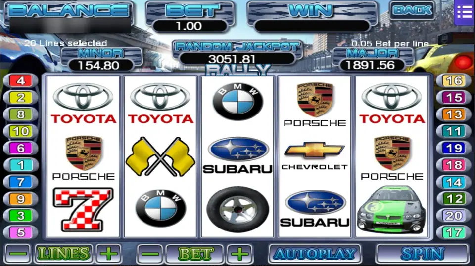 Rally on Mega888 with Toyota and Porsche badges, crossed yellow flags, BMW badges and a green rally car, 20 lines at a bet of 1.00