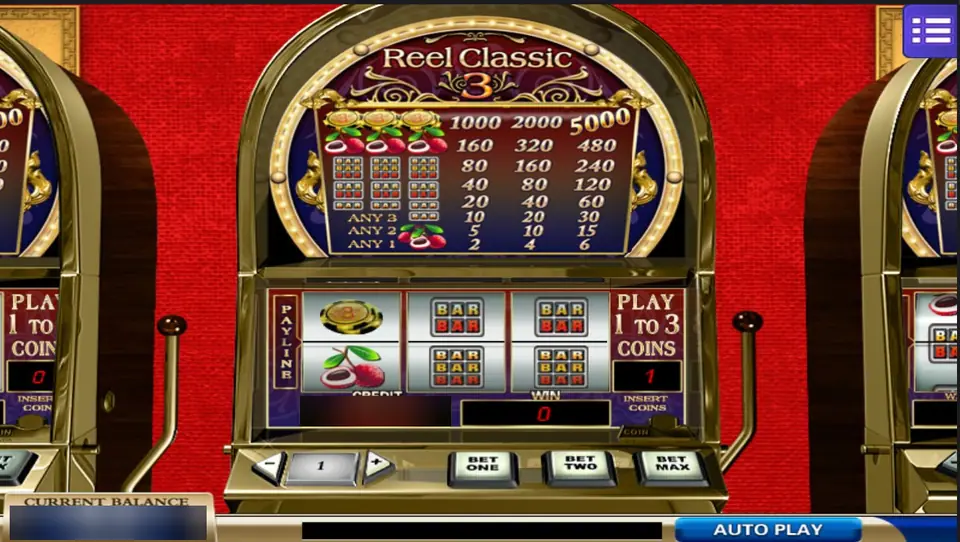 Reel Classic 3 on Mega888: a gold coin, single bars and triple bars on one payline under a pay table topped by 1000, 2000 and 5000