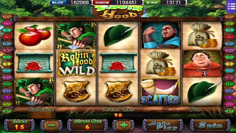 Robin Hood on Mega888 with Robin drawing his bow, a Robin Hood Wild, a horn Scatter, money bags and Friar Tuck, 15 lines at a total bet of 90