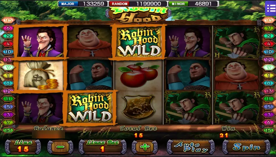 Robin Hood on Mega888: the Sheriff in purple, two Robin Hood Wild tiles and a sack of coins framed in orange after a win of 21 on a total bet of 15