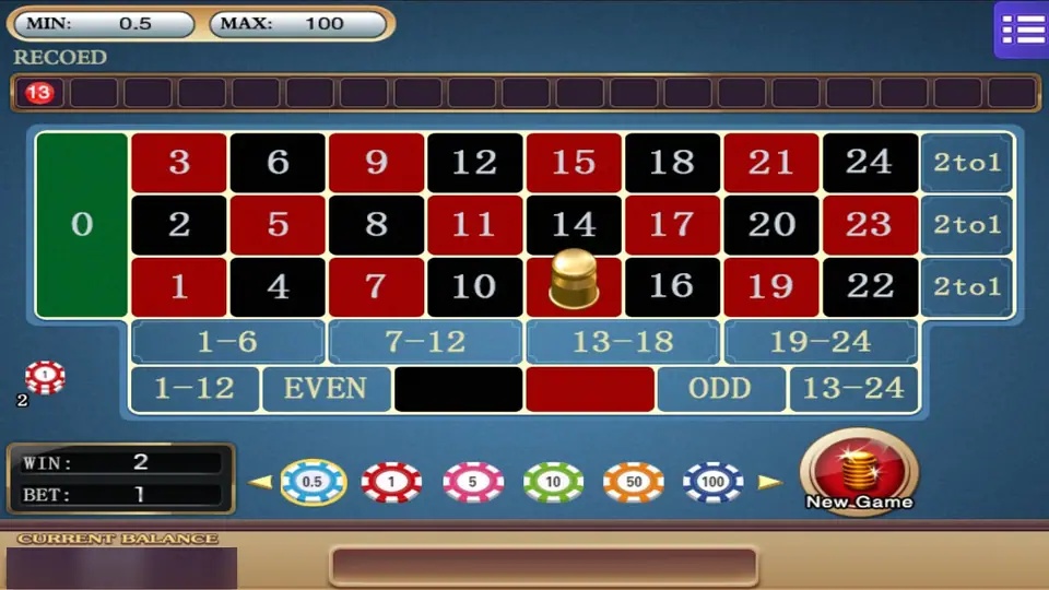 Roulette 24 on Mega888 after a spin of 13, with a gold marker on 13, a bet of 1 and a win of 2, and a New Game button