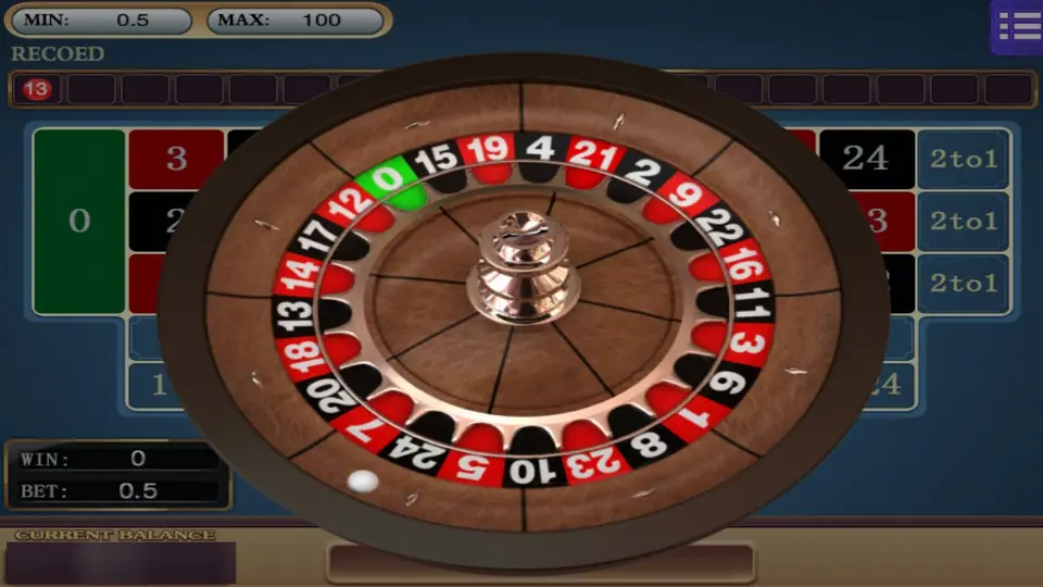 The Roulette 24 wheel on Mega888: 25 red and black pockets with a green 0, the ball on the rim and a bet of 0.5
