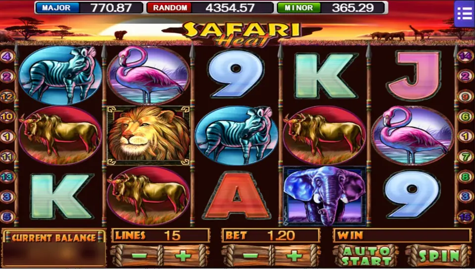 Safari Heat on Mega888 with a lion on reel 2, zebras, flamingos, wildebeest and an elephant, 15 lines at a bet of 1.20