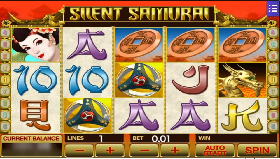 Silent Samurai on Mega888 with a geisha, three bronze coins across the top row, two shuriken and a gold dragon, one line at 0.01