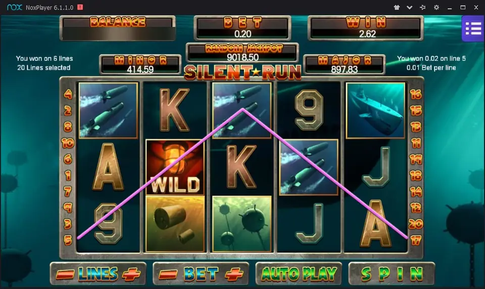 Silent Run on Mega888 with a red Wild lamp on reel 2, torpedoes and a win drawn across 6 lines, 20 lines at 0.01 for a bet of 0.20