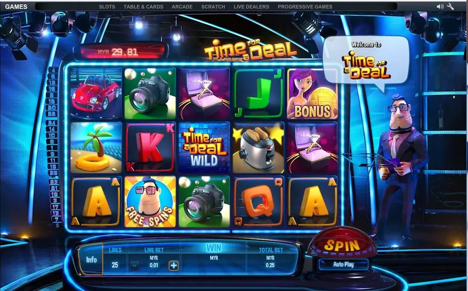 Time For a Deal on NTC33: a sports car, cameras, a diamond ring, a toaster, the Time For a Deal wild and the Bonus and Free Spins symbols, 25 lines at MYR0.01