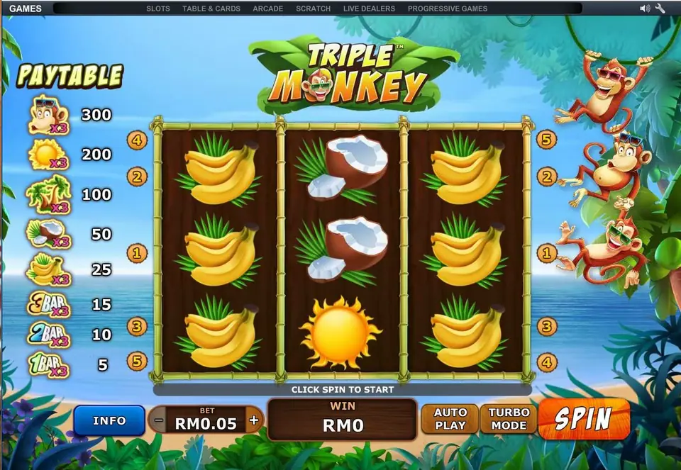 Triple Monkey on NTC33: bananas and coconuts on a three by three grid, the pay table on the left, bet RM0.05