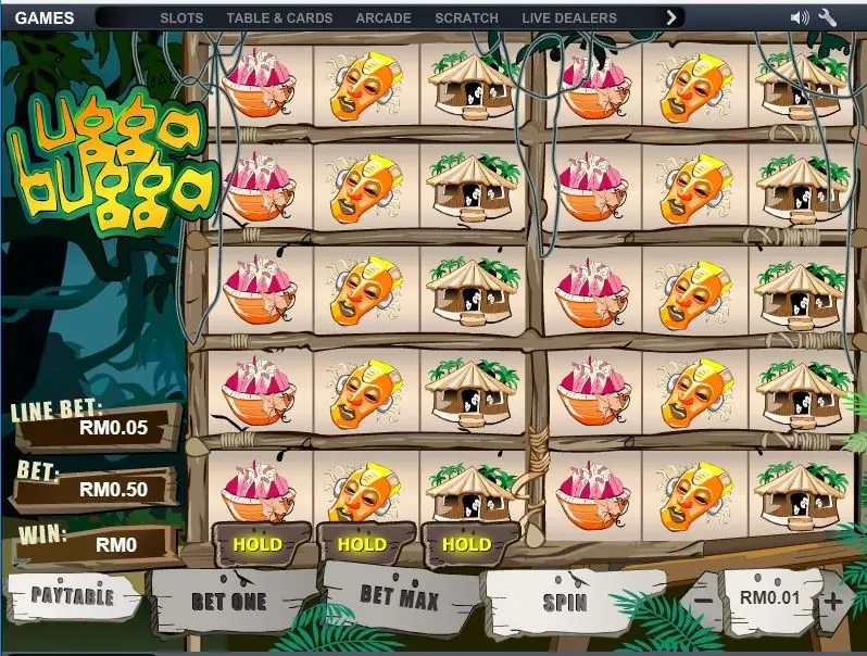 Ugga Bugga on NTC33: ten rows of three symbols filled with bowls, masks and huts, Hold buttons under the reels, line bet RM0.05 and bet RM0.50