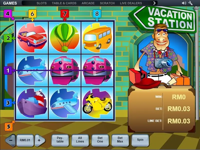 Vacation Station on NTC33: a car, a hot air balloon, a bus, a plane, trains, a ship and a motorbike on a three by three grid, line bet RM0.03