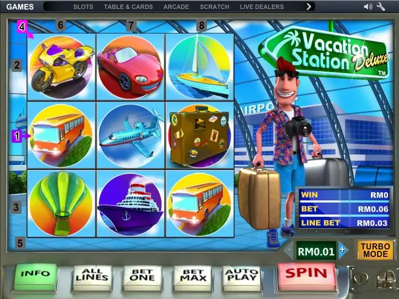 Vacation Station Deluxe on NTC33: a motorbike, a car, a yacht, a bus, a jet and a suitcase on a three by three grid, bet RM0.06