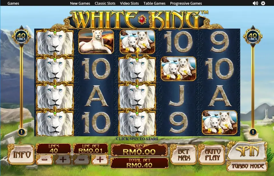 White King on NTC33: stacked white lions on reels 1 and 3, a lioness, cubs and card ranks, 40 lines at RM0.01 for RM0.40