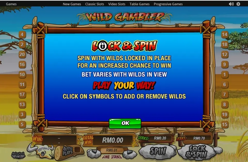 Wild Gambler Lock and Spin card: spin with wilds locked in place, bet varies with wilds in view, click on symbols to add or remove wilds
