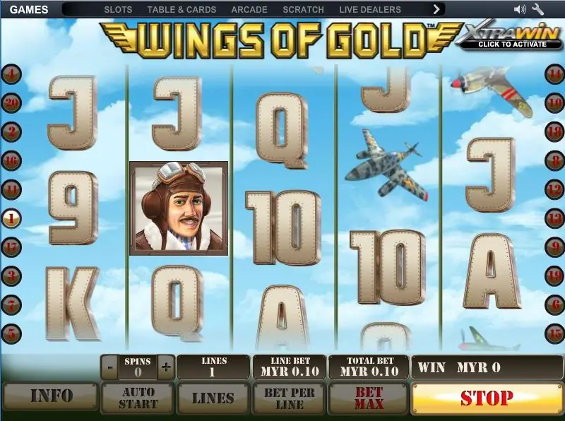Wings of Gold on NTC33: a pilot with a moustache in a leather flying helmet, fighter planes and metal card ranks, one line at MYR0.10