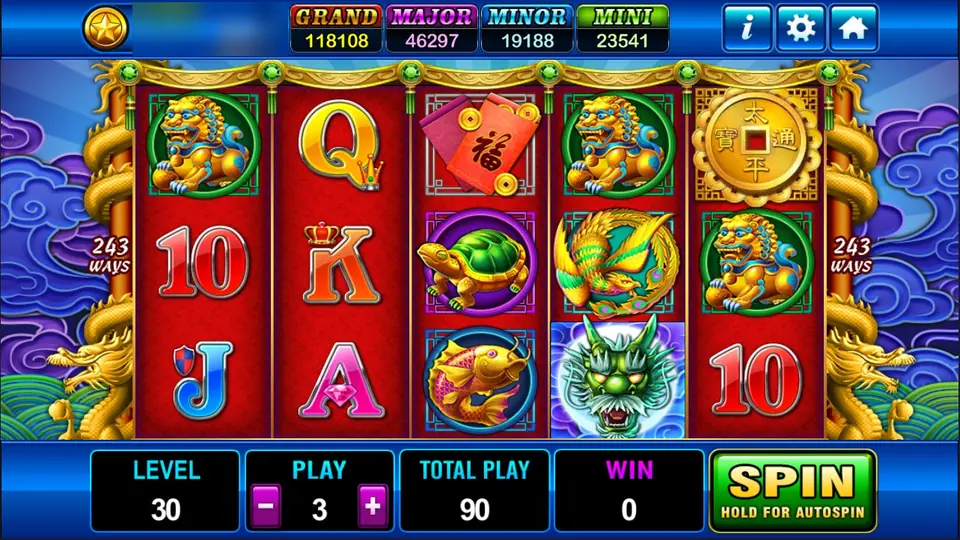 Dragons Legend on Play8oy: gold lion dogs, a turtle, a phoenix, a koi and a green dragon on red reels marked 243 Ways, level 30 and total play 90