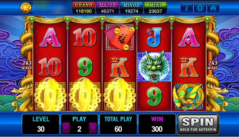 Dragons Legend on Play8oy: three gold coin stacks across reels 1 to 3, a green dragon on reel 4 and a phoenix on reel 5, total play 60 and a win of 300