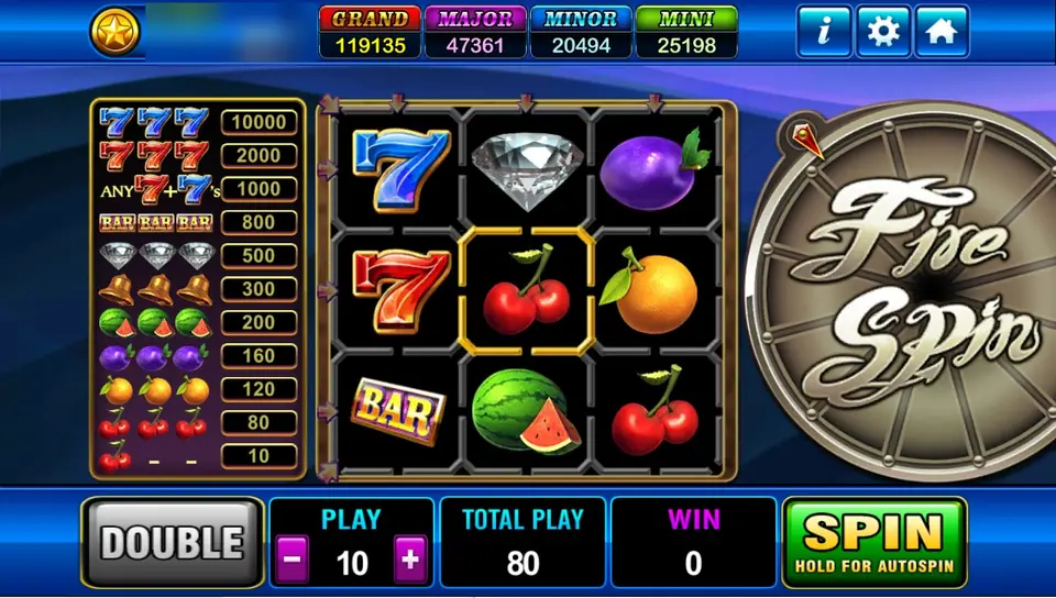 Fire Spin on Play8oy: sevens, a diamond, a plum, cherries, an orange, a bar and a watermelon on a three by three grid, with the pay list on the left
