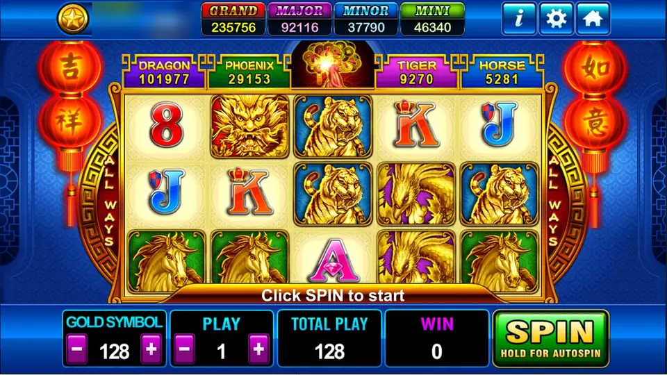 Fortune Tree on Play8oy: gold tigers, dragons and horses with card ranks under the Dragon, Phoenix, Tiger and Horse jackpots, gold symbol bet 128