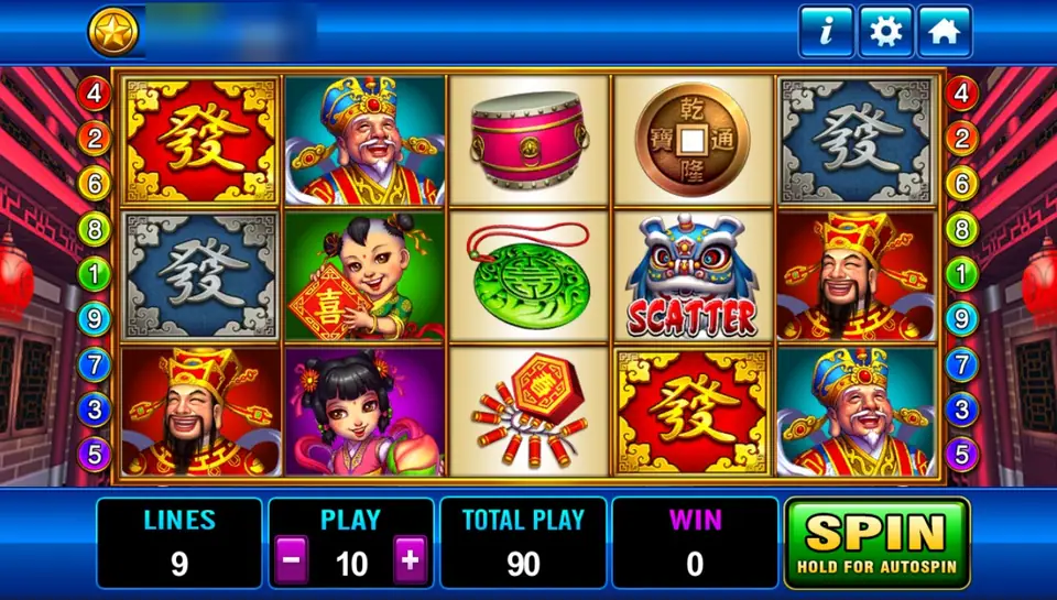 God of Wealth on Play8oy: the red and blue gods of wealth, two children, a drum, a jade pendant, a lion dance Scatter and 發 wild tiles, 9 lines at 10