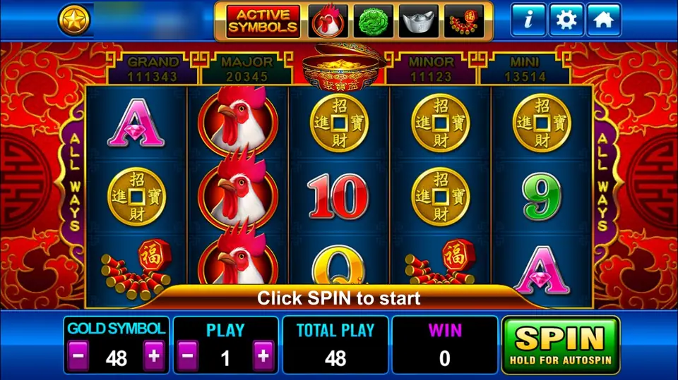 Golden Rooster on Play8oy: a stack of white roosters on reel 2 with gold coins, firecrackers and card ranks, gold symbol bet 48