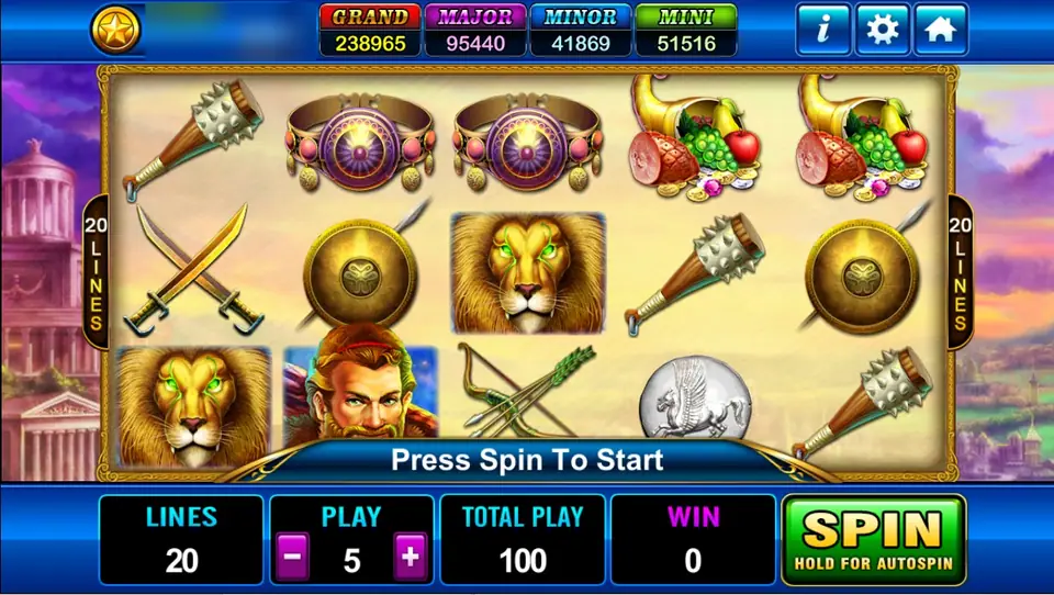 Hercules on Play8oy: a spiked club, jewelled belts, a horn of plenty, crossed swords, a shield, a lion and Hercules on 20 lines at 5 for 100