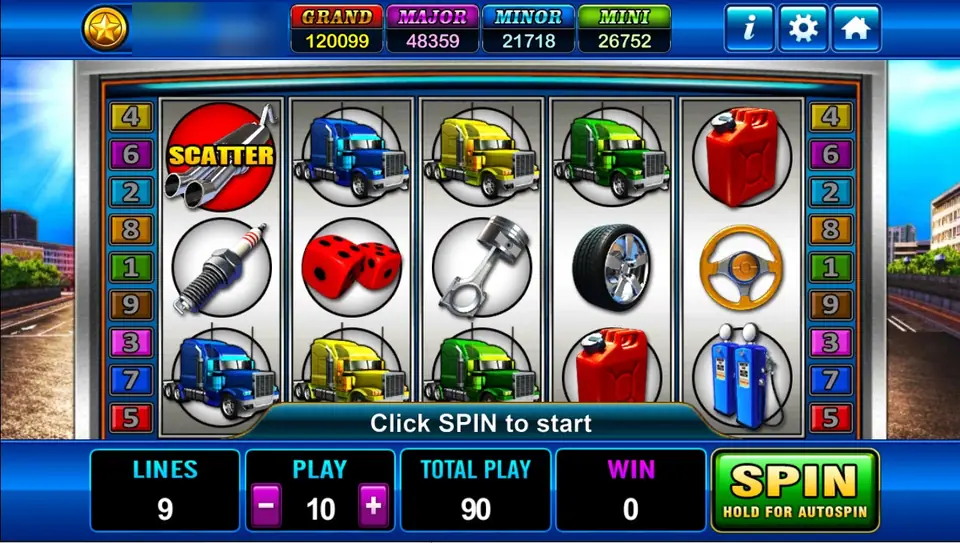 Highroad King on Play8oy: blue, yellow and green trucks, a Scatter exhaust, dice, a spark plug, a piston and a tyre on 9 lines at 10