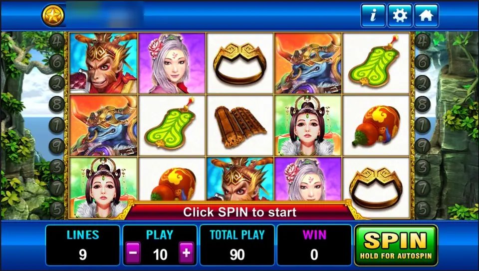 Monkey King on Play8oy: the Monkey King, the Bull Demon, two court ladies, a fan, a gourd, a golden headband and a scroll on 9 lines at 10