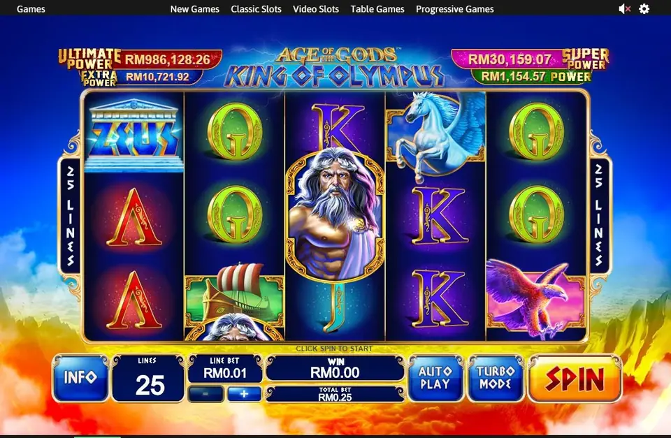 Age of the Gods: King of Olympus on Rollex11 with a stacked Zeus, Pegasus, an eagle and the four jackpot meters, 25 lines at RM0.01