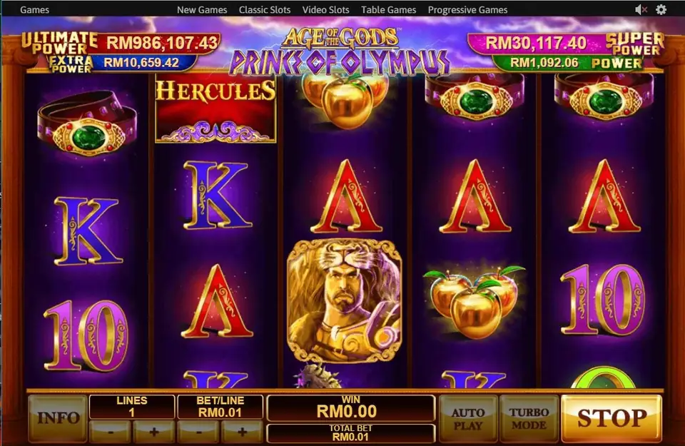 Age of the Gods: Prince of Olympus on Rollex11 with Hercules in a lion skin, golden apples, gem belts and the HERCULES symbol