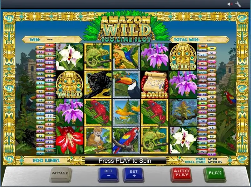 Amazon Wild on Rollex11: a five by five grid of orchids, a chameleon, a toucan, a panther and a macaw, with gold mask wilds and a map bonus