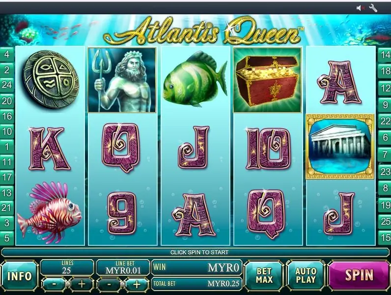 Atlantis Queen on Rollex11 with Poseidon, a treasure chest, a stone disc, a temple and fish symbols, 25 lines at MYR0.01