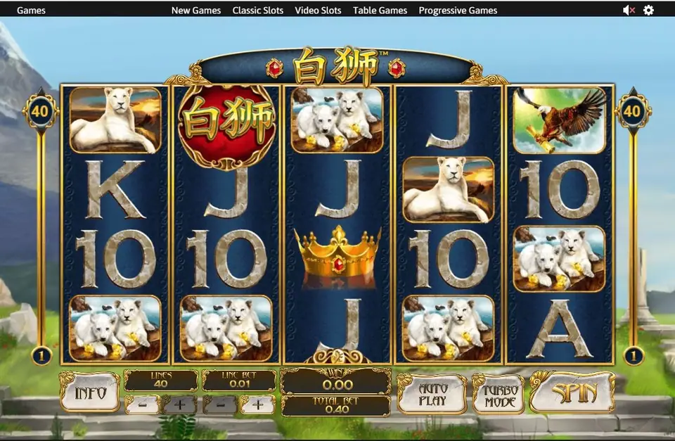 Bai Shi on Rollex11 with the game menu on top (New Games, Classic Slots, Video Slots, Table Games, Progressive Games), 40 lines at 0.01 a line
