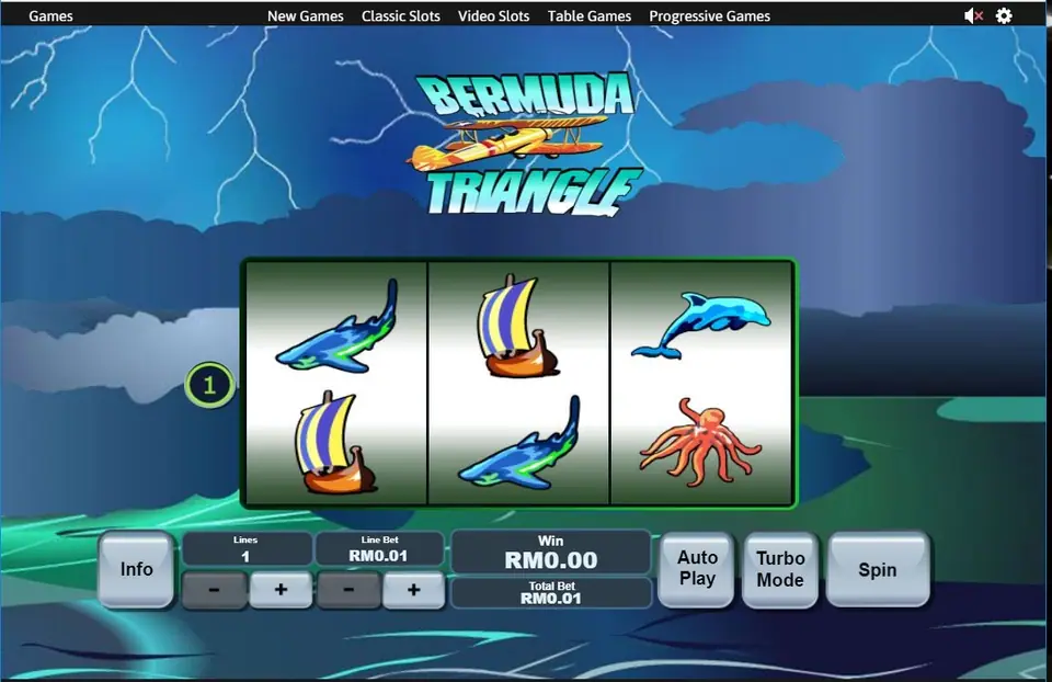 Bermuda Triangle on Rollex11: three reels with sharks, a sailing ship and a dolphin under a storm, one line at RM0.01