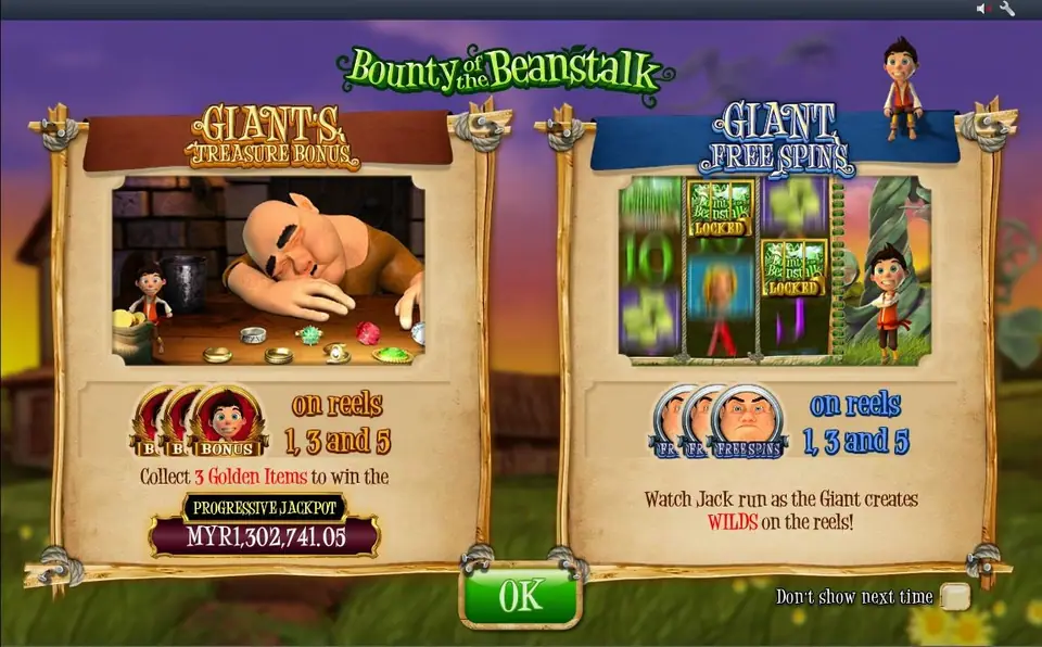Bounty of the Beanstalk feature card: Giant's Treasure Bonus with bonus symbols on reels 1, 3 and 5 and Giant Free Spins