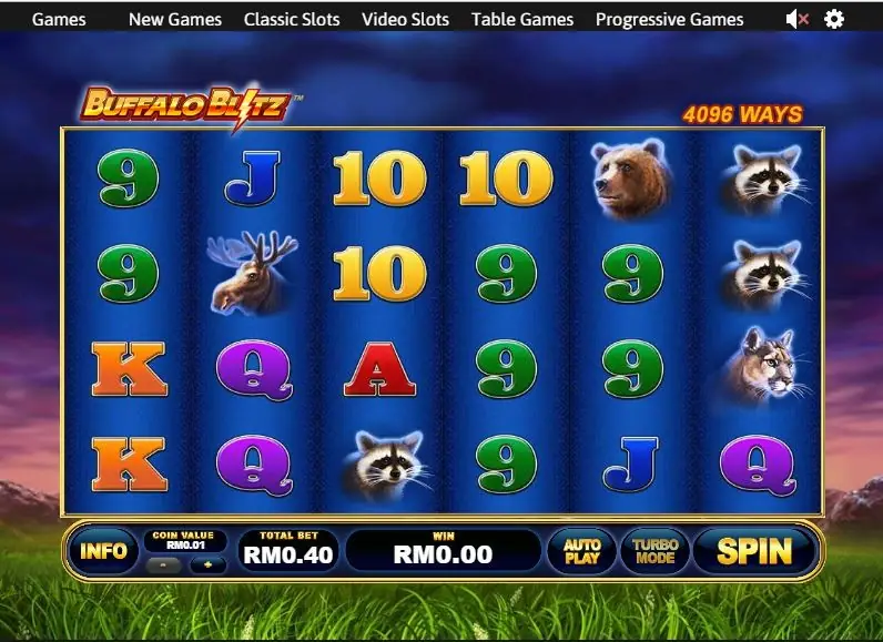 Buffalo Blitz on Rollex11: six reels of a grizzly bear, a moose, raccoons and a cougar, 4096 ways at a total bet of RM0.40