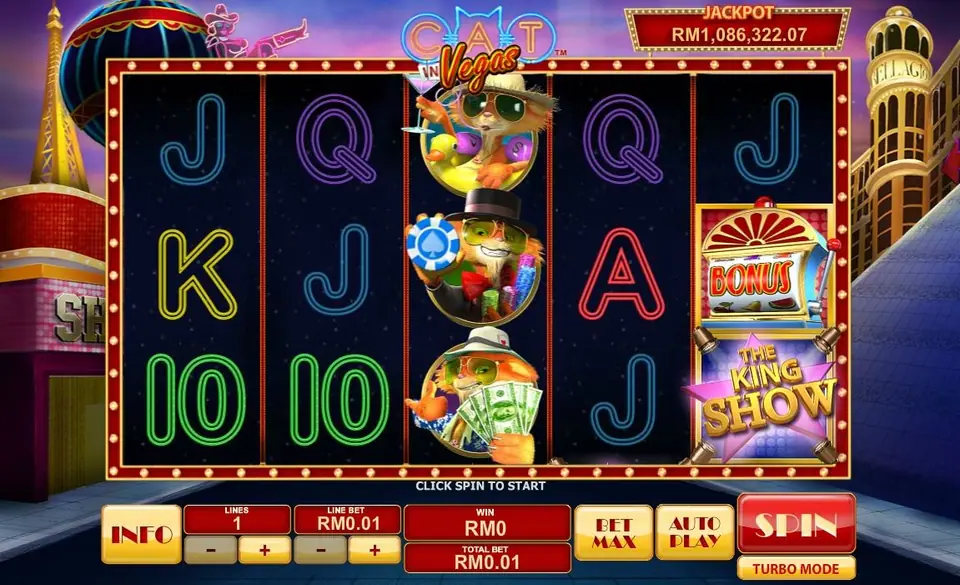 Cat in Vegas on Rollex11: neon card ranks, three cat symbols on reel 3, a Bonus slot machine and The King Show symbol, jackpot RM1,086,322.07