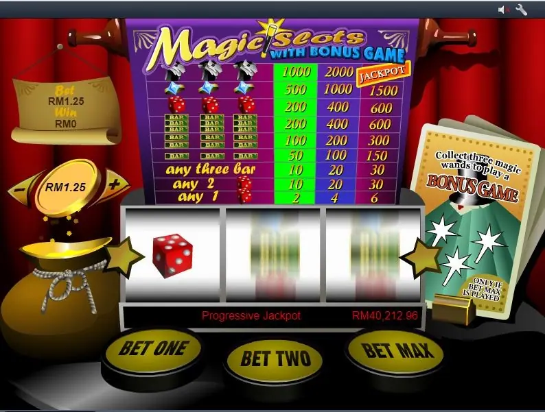 Magic Slots on Rollex11: three reels, a pay table with one, two and three coin columns and a progressive jackpot of RM40,212.96