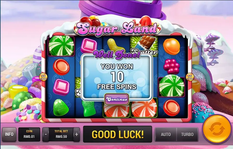Sugar Land on Rollex11: three chocolate scatters award 10 free spins, coin RM0.01 and total bet RM0.50