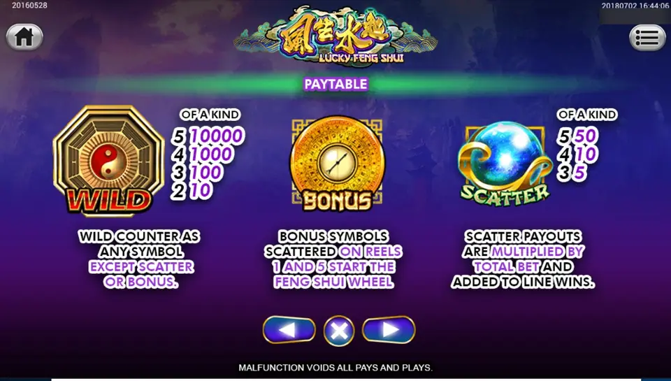 Lucky Feng Shui pay table with a bagua wild paying 10000 for five, a gold compass bonus and a crystal ball scatter