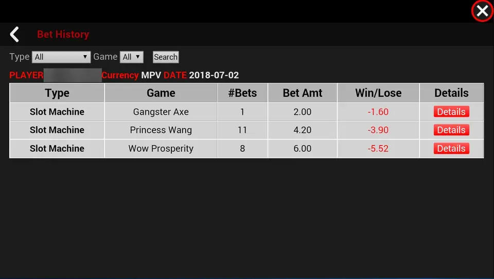 Sky777 Bet History list filtered by type and game, showing rounds of Gangster Axe, Princess Wang and Wow Prosperity with bet amounts and losses