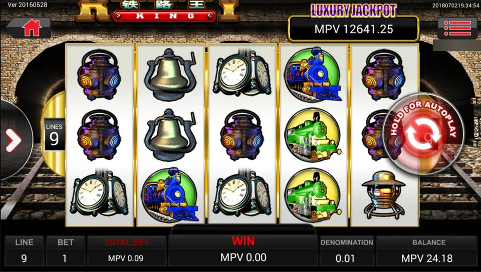 Railway King on Sky777: steam engines, bells, clocks and lanterns on five reels in a brick tunnel, 9 lines and a Luxury Jackpot meter