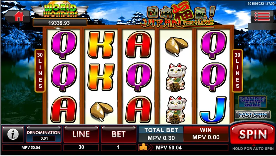 Japan Fortune reels with lucky cats, fortune cookies and A, K, Q, J, 30 lines, Gamble Game and Fast Spin buttons and a World Wonders jackpot meter