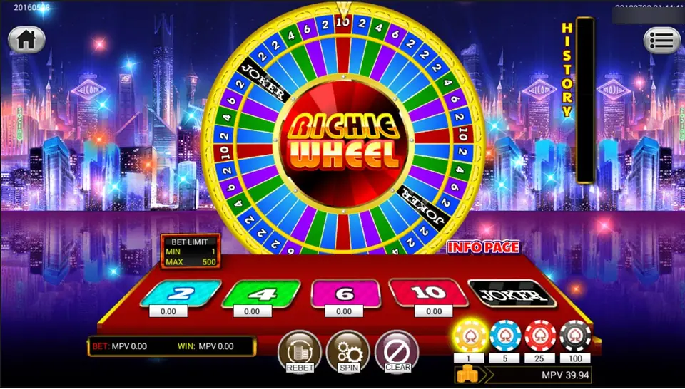 Richie Wheel with number segments and two Joker segments, betting boxes for 2, 4, 6, 10 and Joker, chips from 1 to 100 and a bet limit of 1 to 500