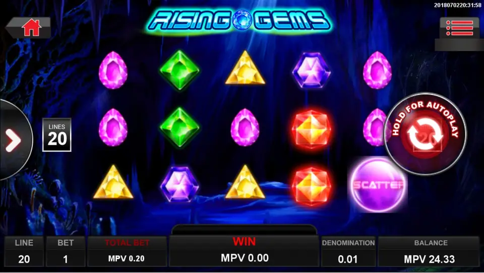 Rising Gems reels with pink, green, yellow, purple and red gems and a purple Scatter orb on reel 5, 20 lines
