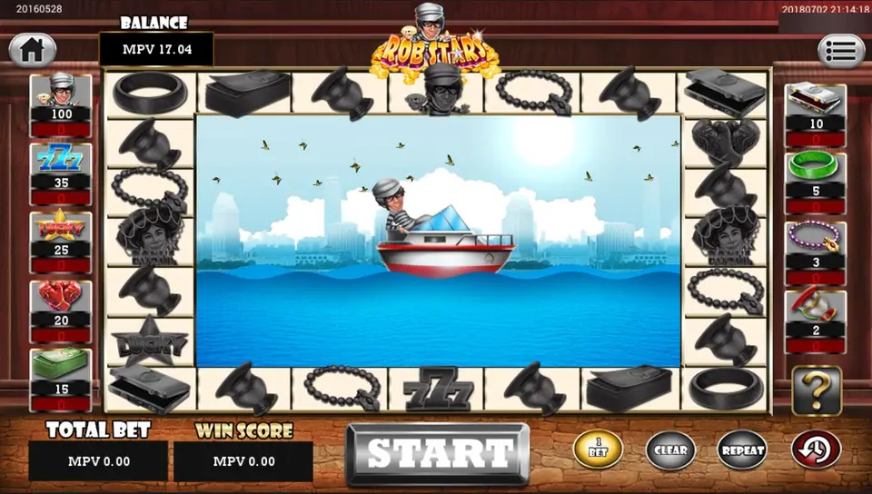 Rob Stars board with a ring of symbols around a robber in a speedboat, multipliers from 100 to 2 on both sides and a Start button