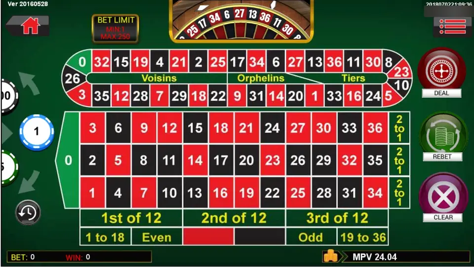 Sky777 Roulette layout with a racetrack for Voisins, Orphelins and Tiers above the numbers 0 to 36, and Deal, Rebet and Clear buttons